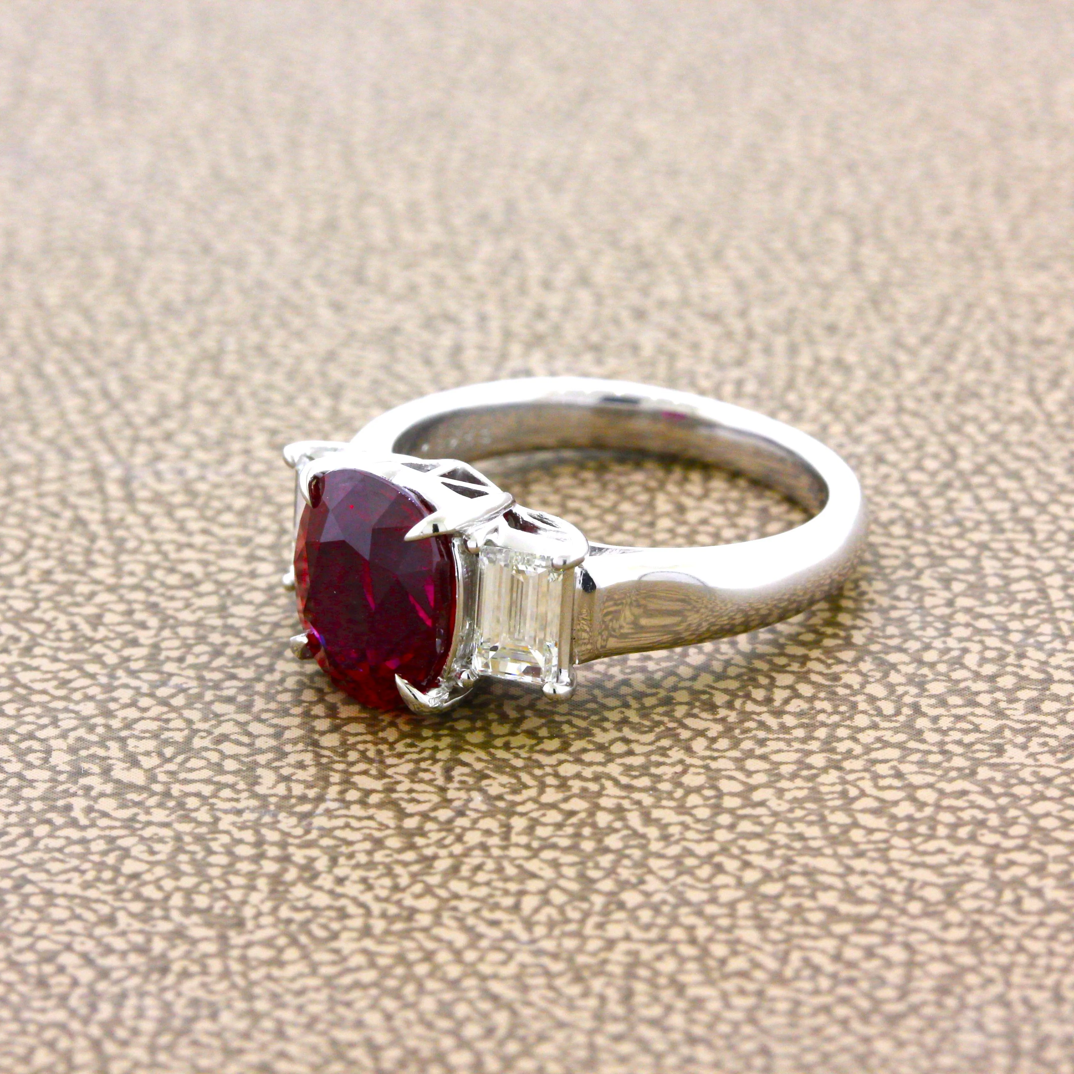 3.48 Carat Gem Ruby Diamond Platinum 3-Stone Ring, GIA Certified