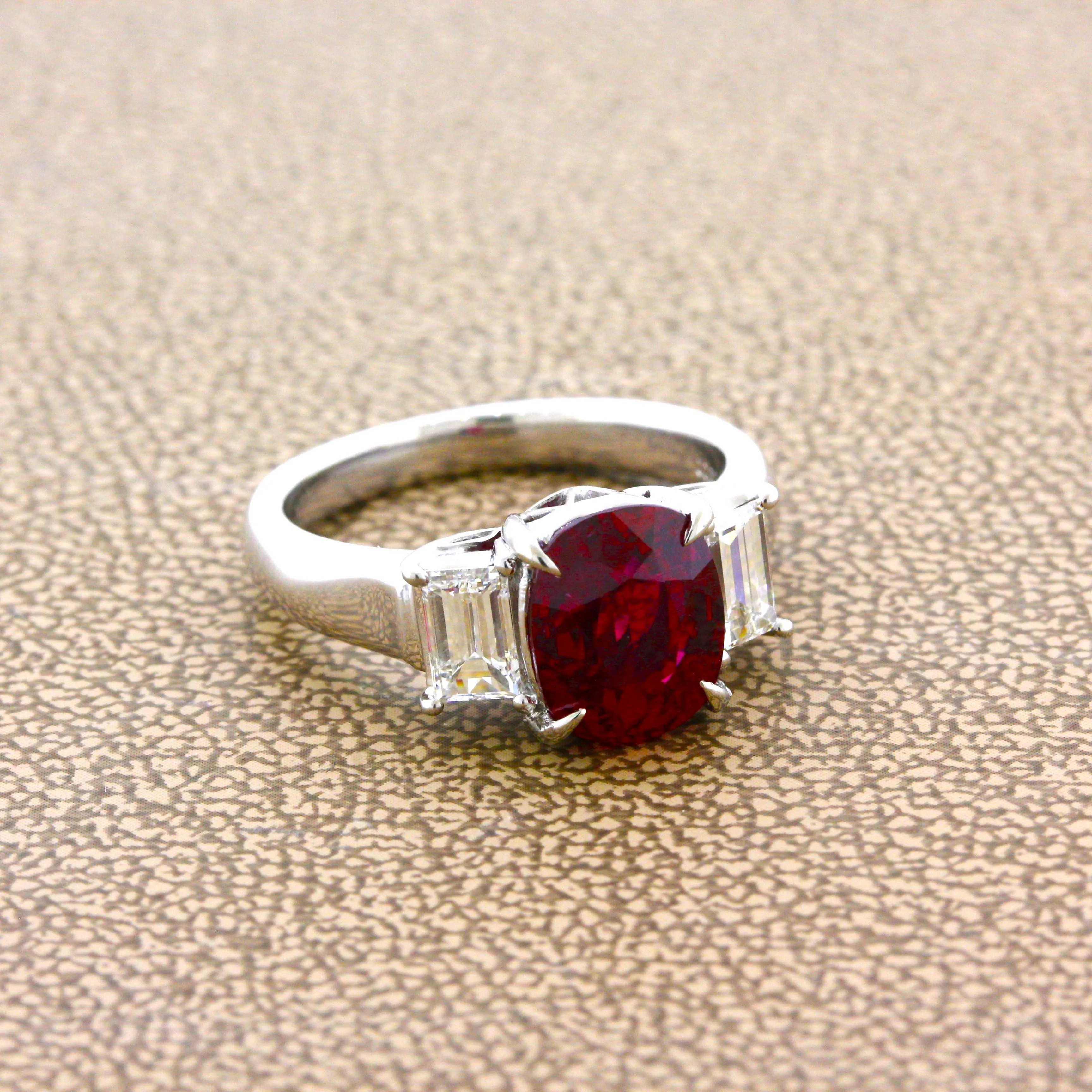 3.48 Carat Gem Ruby Diamond Platinum 3-Stone Ring, GIA Certified