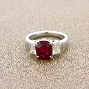 3.48 Carat Gem Ruby Diamond Platinum 3-Stone Ring, GIA Certified