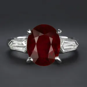 4.07ct GIA CERTIFIED NO HEAT RUBY DIAMOND COCKTAIL RING PLATINUM BULLET 3 STONE