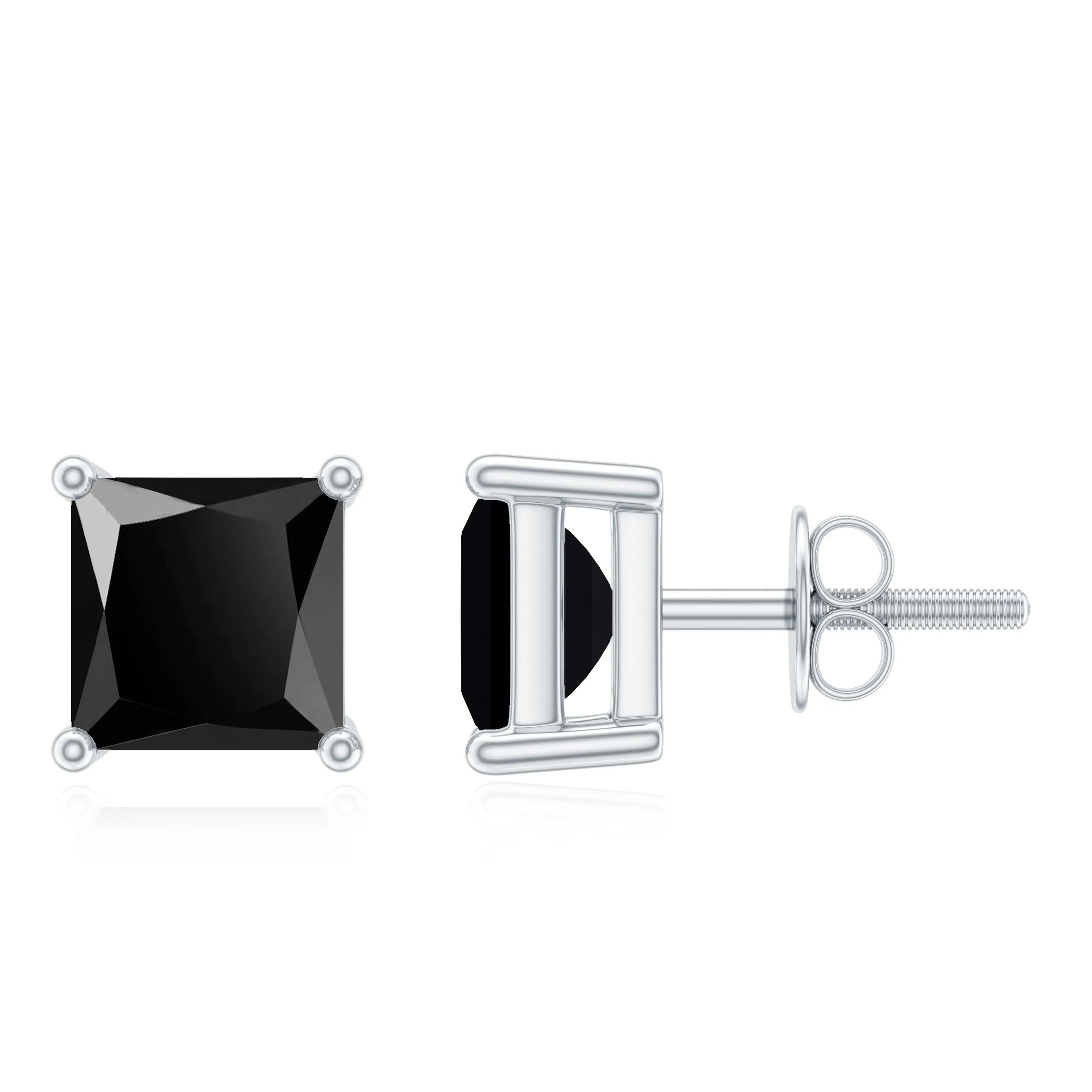 4X4 MM Princess Cut Black Onyx Solitaire Stud Earrings in 4 Prong Setting