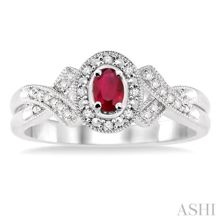 5x3 mm Oval Cut Ruby and 1/50 Ctw Single Cut Diamond Ring in Sterling Silver