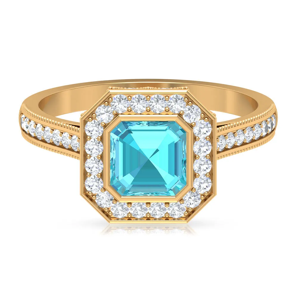 6 MM Asscher Cut Swiss Blue Topaz Solitaire with Diamond Side Stone Ring