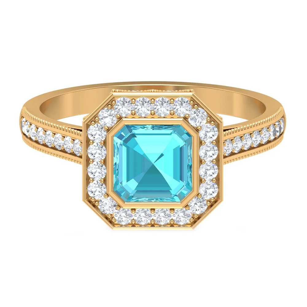 6 MM Asscher Cut Swiss Blue Topaz Solitaire with Diamond Side Stone Ring