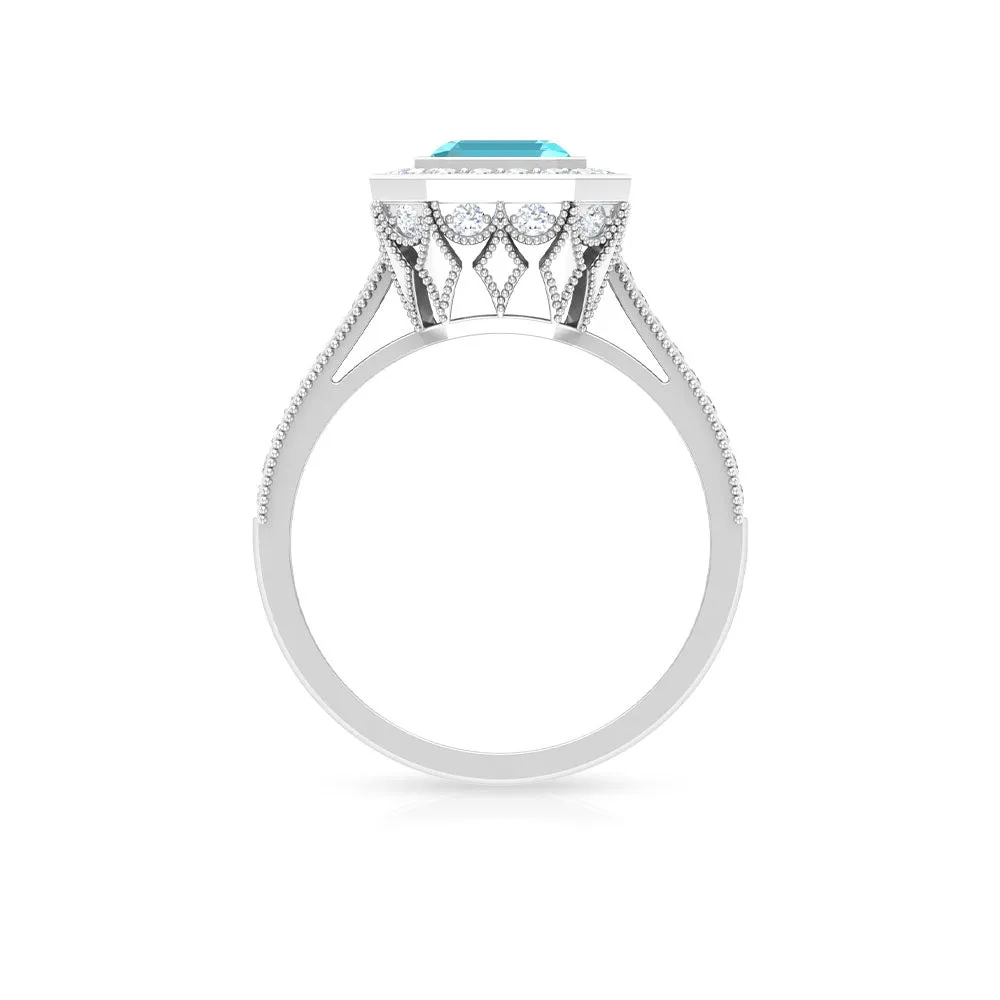 6 MM Asscher Cut Swiss Blue Topaz Solitaire with Diamond Side Stone Ring