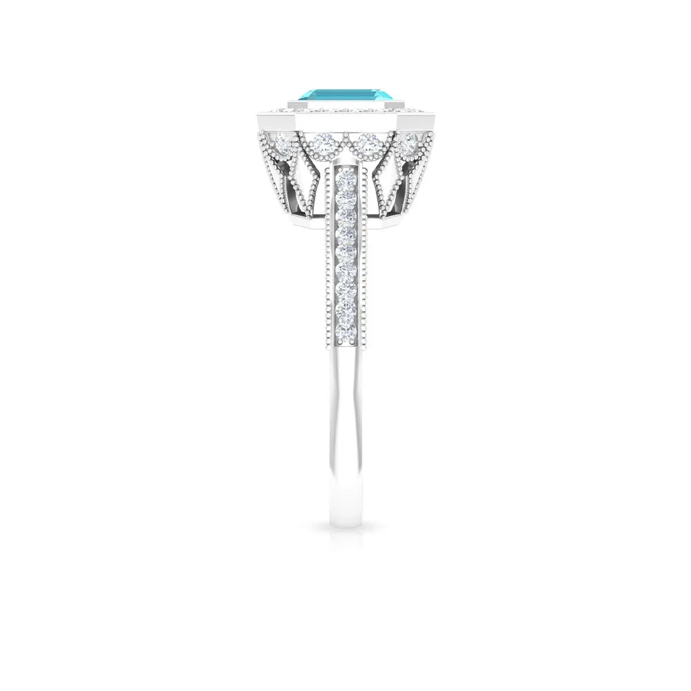 6 MM Asscher Cut Swiss Blue Topaz Solitaire with Diamond Side Stone Ring