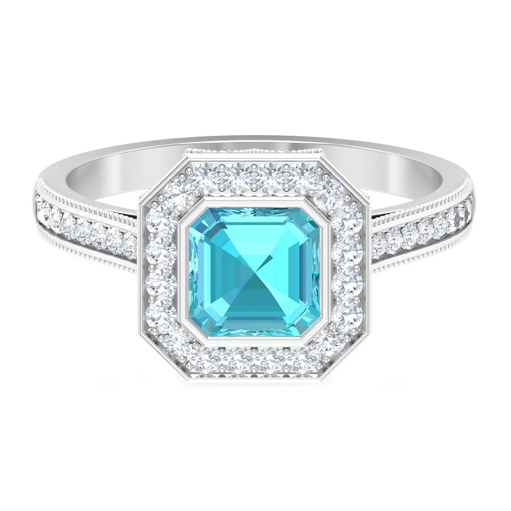 6 MM Asscher Cut Swiss Blue Topaz Solitaire with Diamond Side Stone Ring