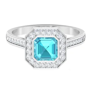 6 MM Asscher Cut Swiss Blue Topaz Solitaire with Diamond Side Stone Ring