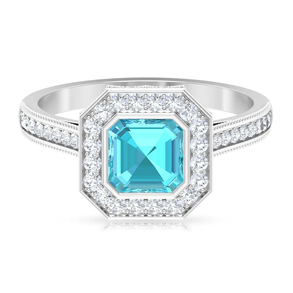 6 MM Asscher Cut Swiss Blue Topaz Solitaire with Diamond Side Stone Ring