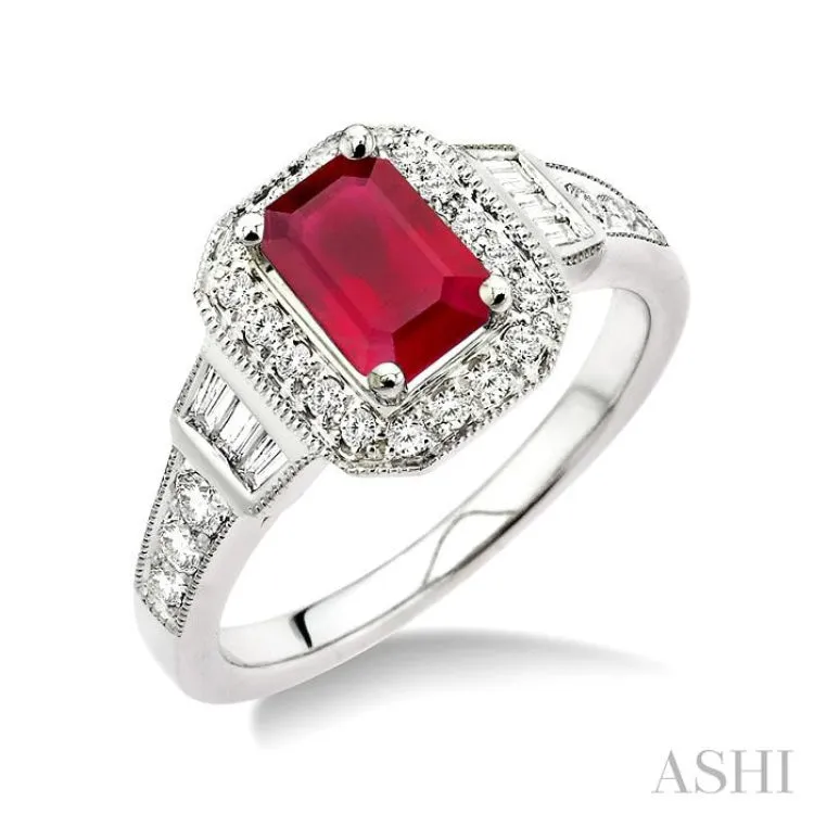 6x4 MM Emerald Shape Ruby and 1/4 Ctw Round and Baguette Cut Diamond Ring in 14K White Gold