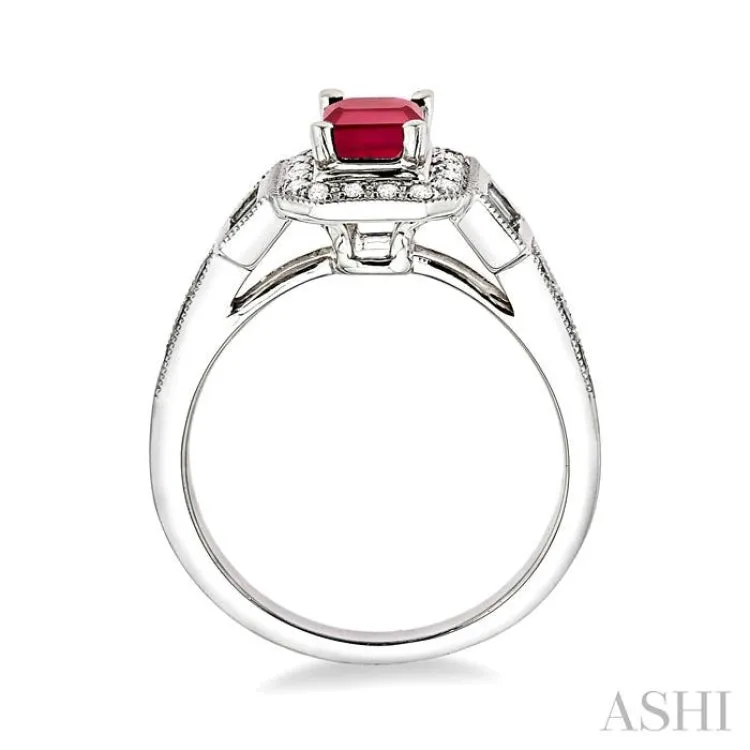 6x4 MM Octagon Cut Ruby and 1/4 Ctw Round and Baguette Cut Diamond Ring in 14K White Gold