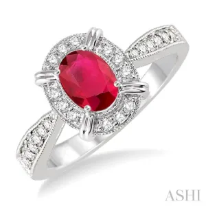 6x4 MM Oval Shape Ruby and 1/6 Ctw Single Cut Diamond Ring in 10K White Gold