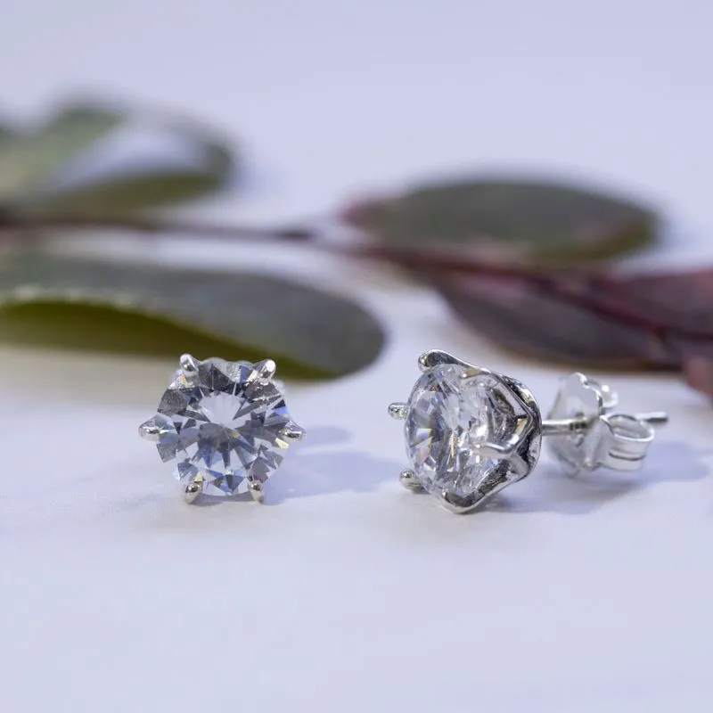 925 Silver White CZ Studs - 7mm Dec Birthstone, Handmade