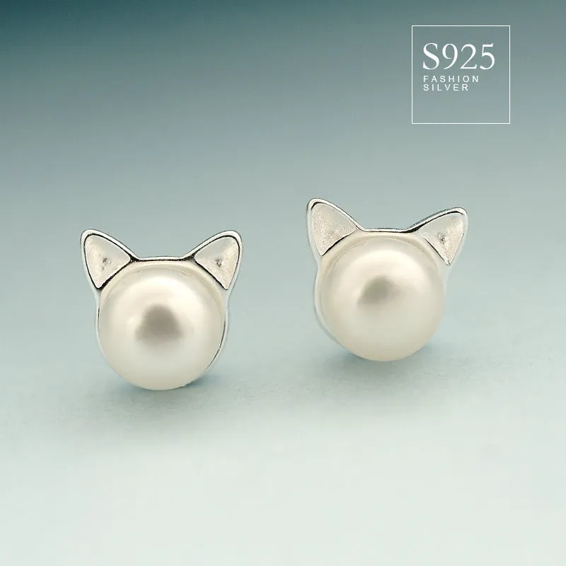 925 sterling silver natural freshwater pearl sprouting cat cat ears earrings