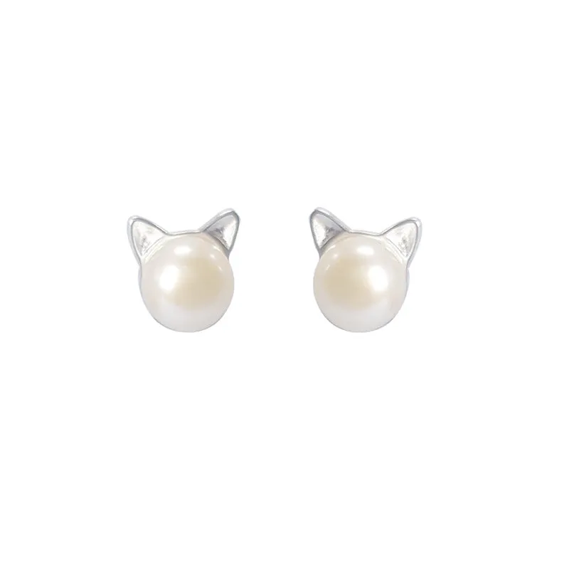 925 sterling silver natural freshwater pearl sprouting cat cat ears earrings