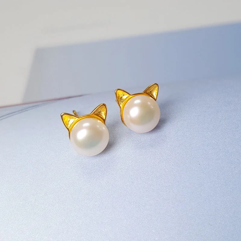 925 sterling silver natural freshwater pearl sprouting cat cat ears earrings