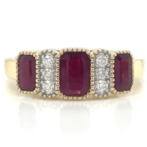 9ct Yellow Gold Earth Grown 1.25ct Ruby Trio And Diamond Ring