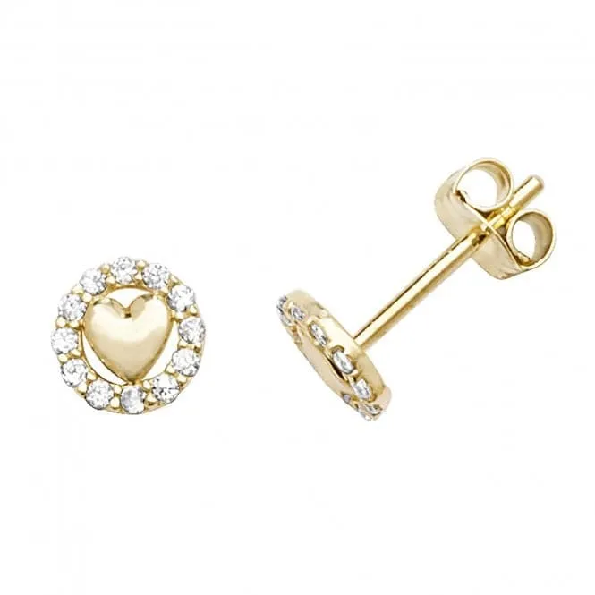 9ct Yellow Gold Heart & Cz Circle Stud Earrings ES595