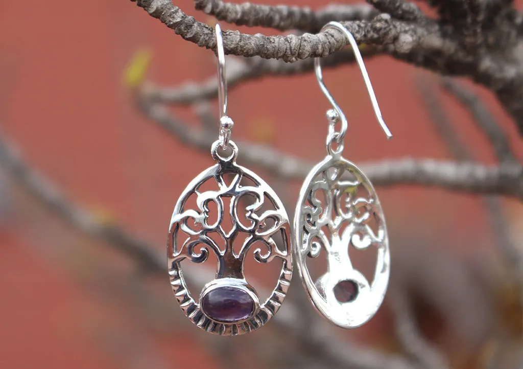 Amethyst Inlaid Tree of Life Sterling Silver Dangle Earrings