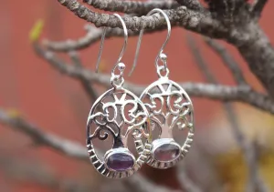 Amethyst Inlaid Tree of Life Sterling Silver Dangle Earrings