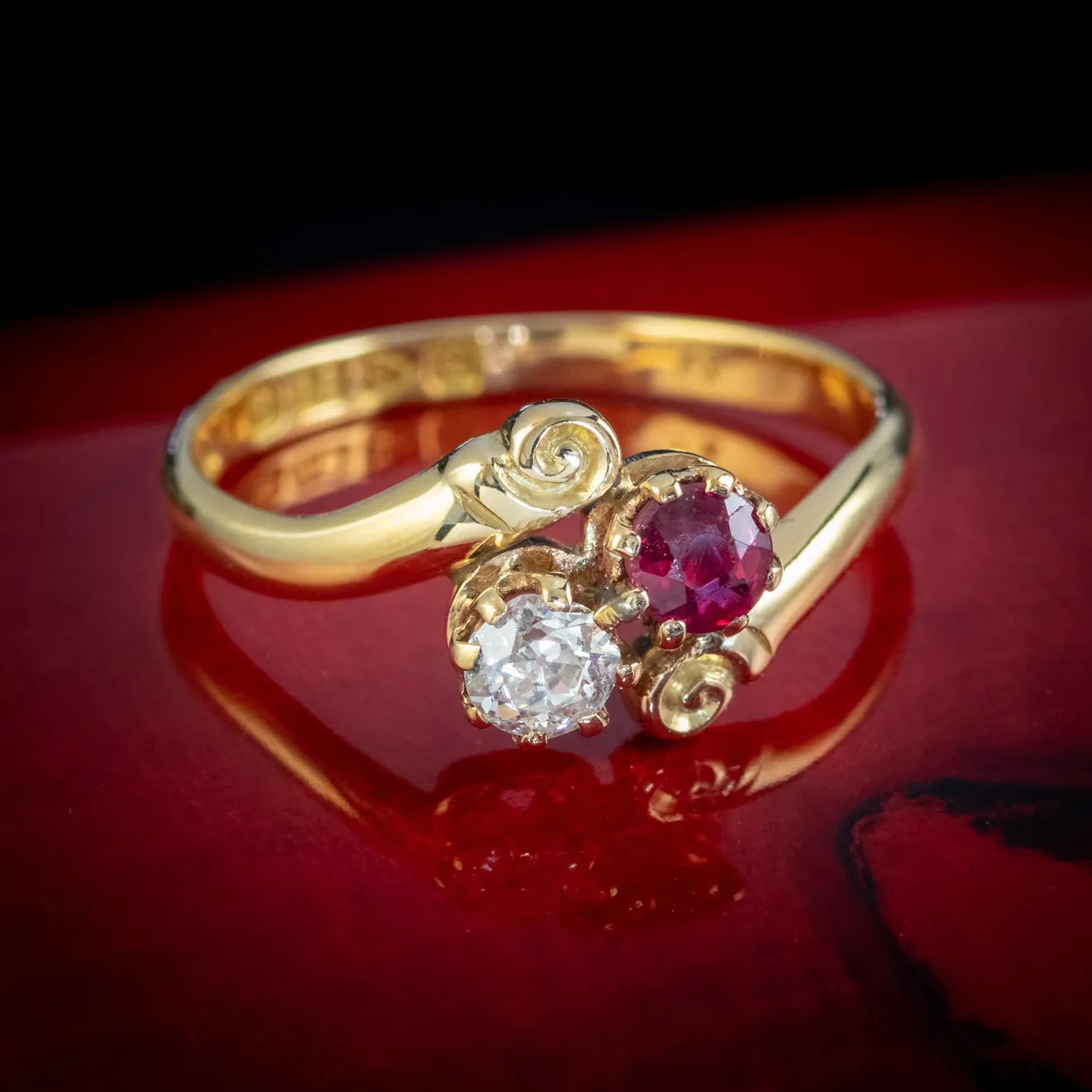 Antique Edwardian Ruby Diamond Twist Ring 18Ct Gold Dated 1916