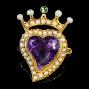 Antique Edwardian Suffragette Amethyst Witches Heart Brooch 15Ct Gold Circa 1910