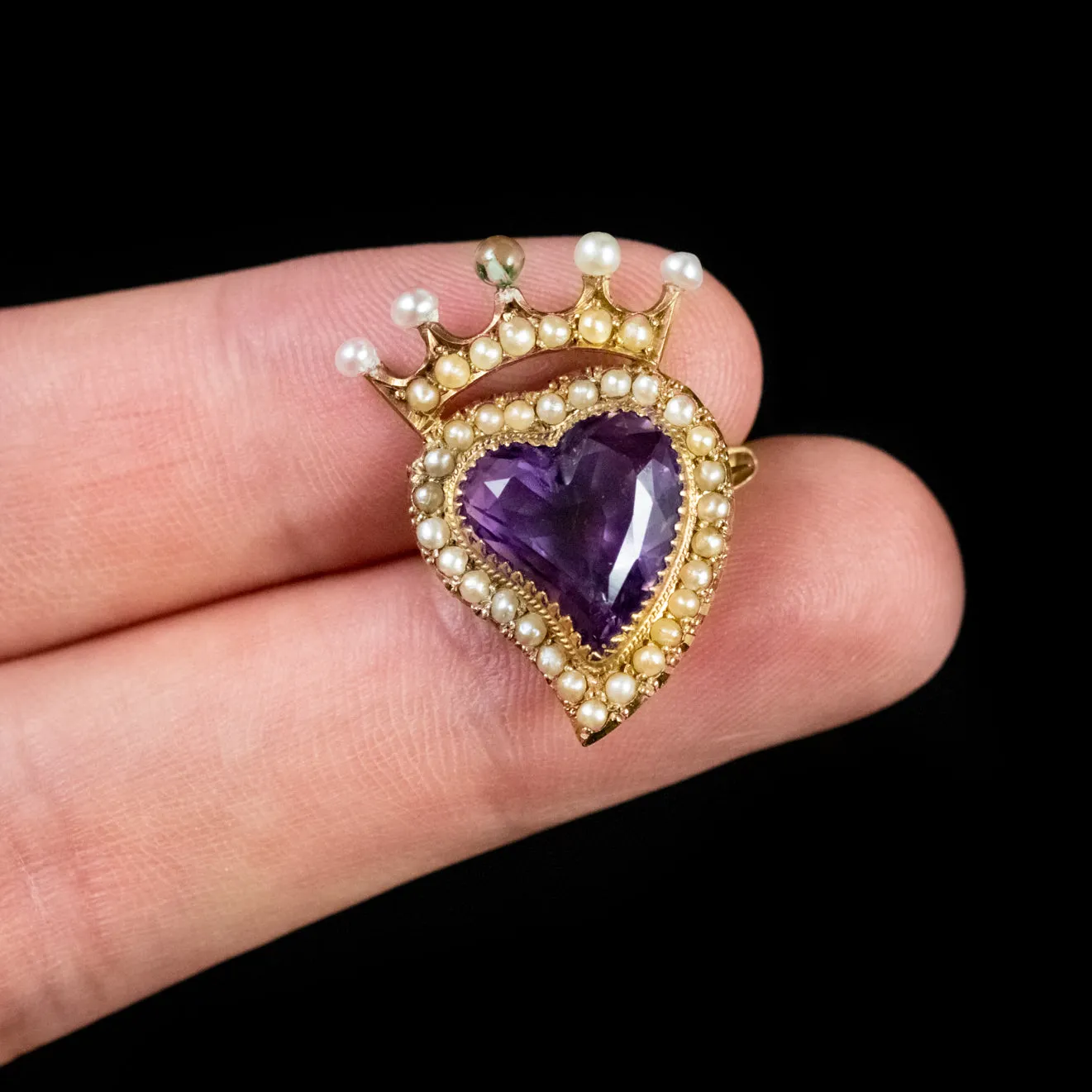 Antique Edwardian Suffragette Amethyst Witches Heart Brooch 15Ct Gold Circa 1910