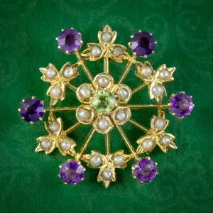 Antique Edwardian Suffragette Floral Pendant 9ct Gold Amethyst Peridot Pearl Circa 1910