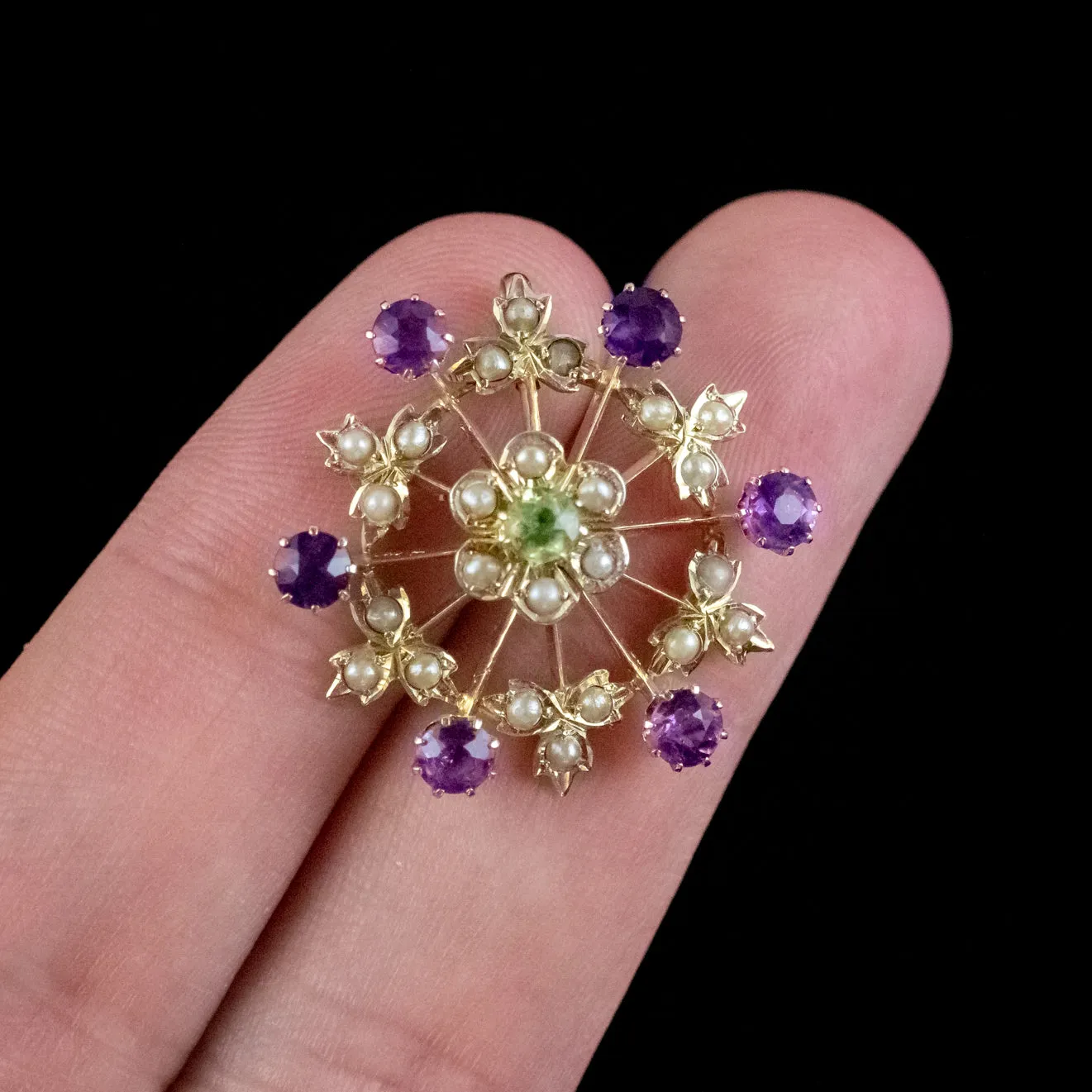 Antique Edwardian Suffragette Floral Pendant 9ct Gold Amethyst Peridot Pearl Circa 1910