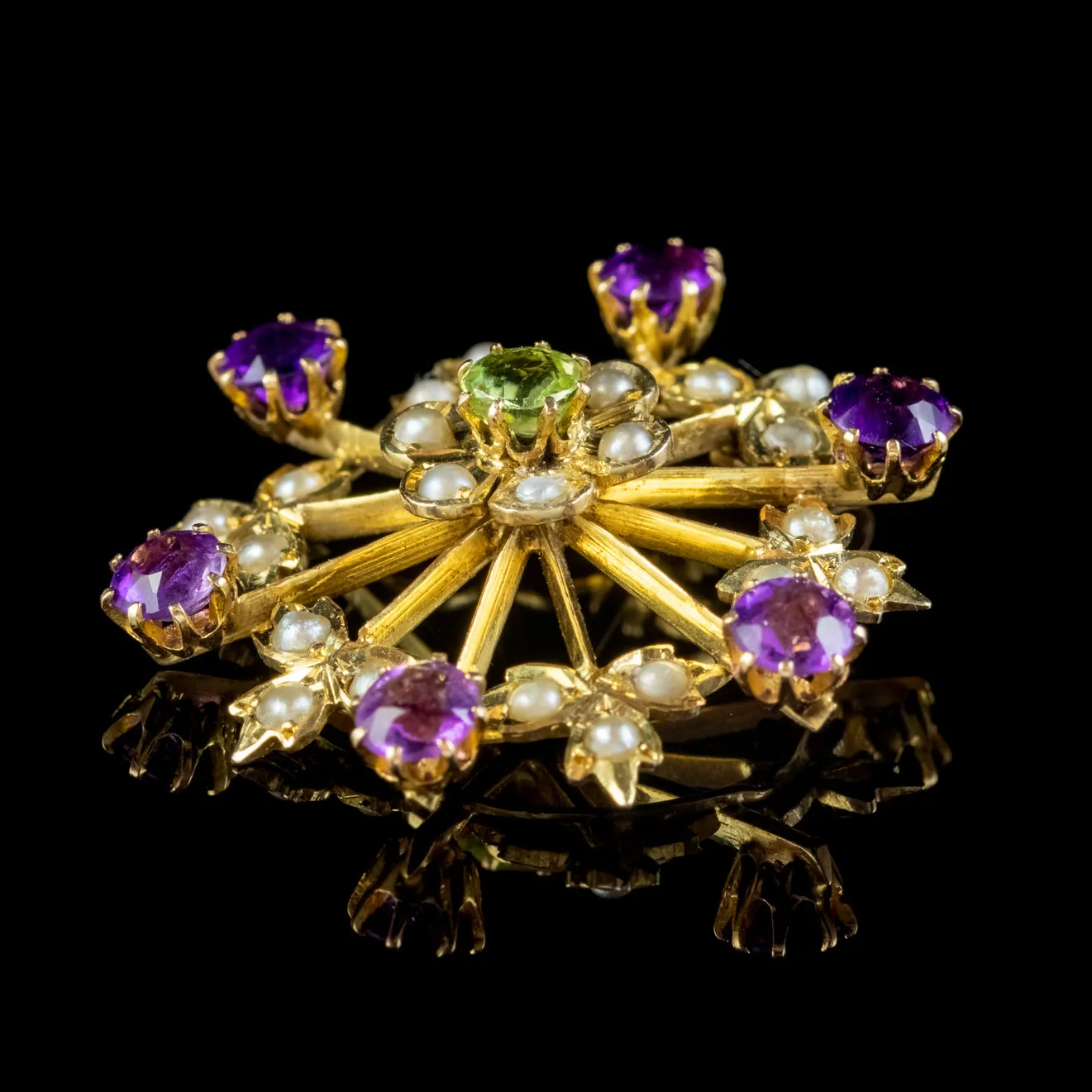 Antique Edwardian Suffragette Floral Pendant 9ct Gold Amethyst Peridot Pearl Circa 1910