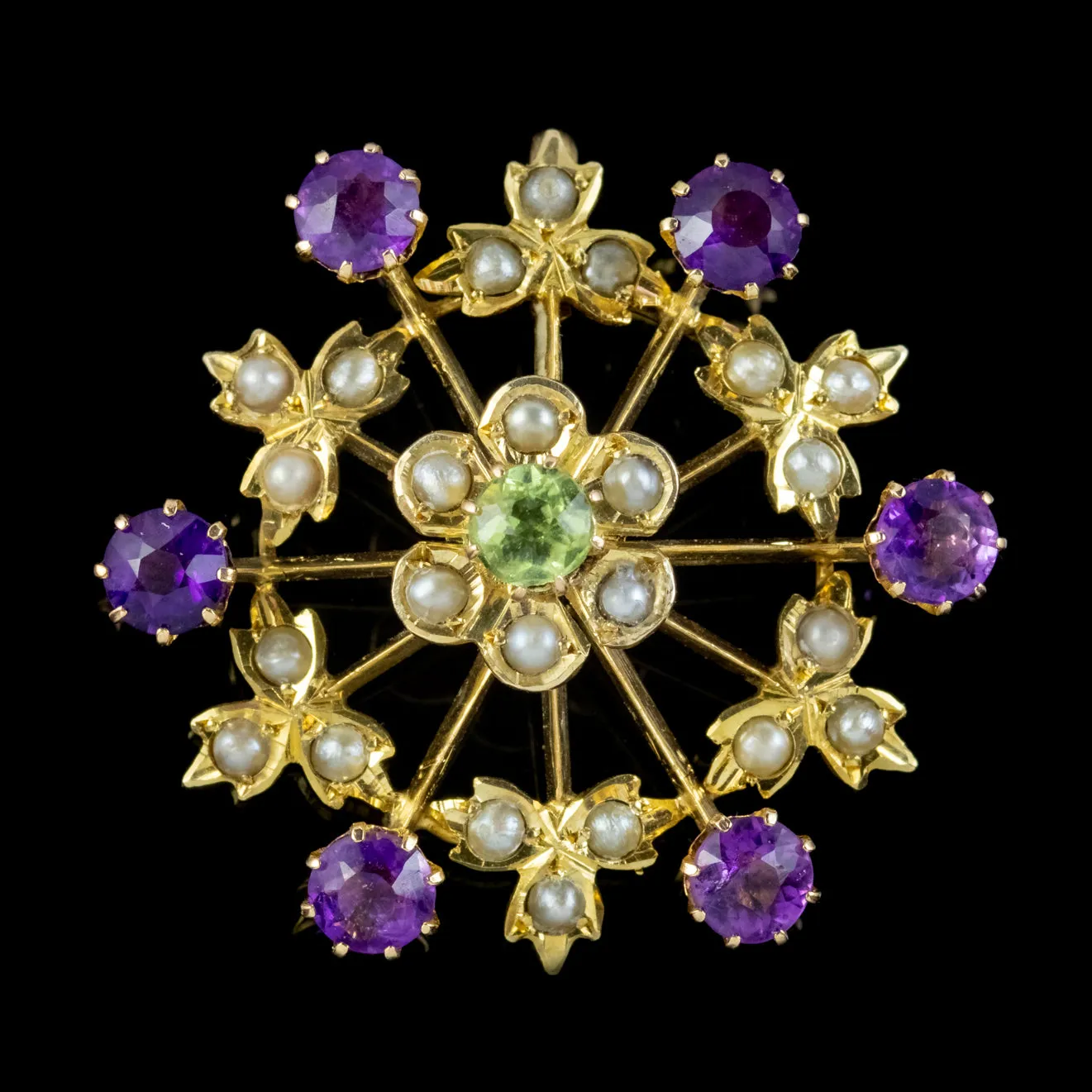 Antique Edwardian Suffragette Floral Pendant 9ct Gold Amethyst Peridot Pearl Circa 1910