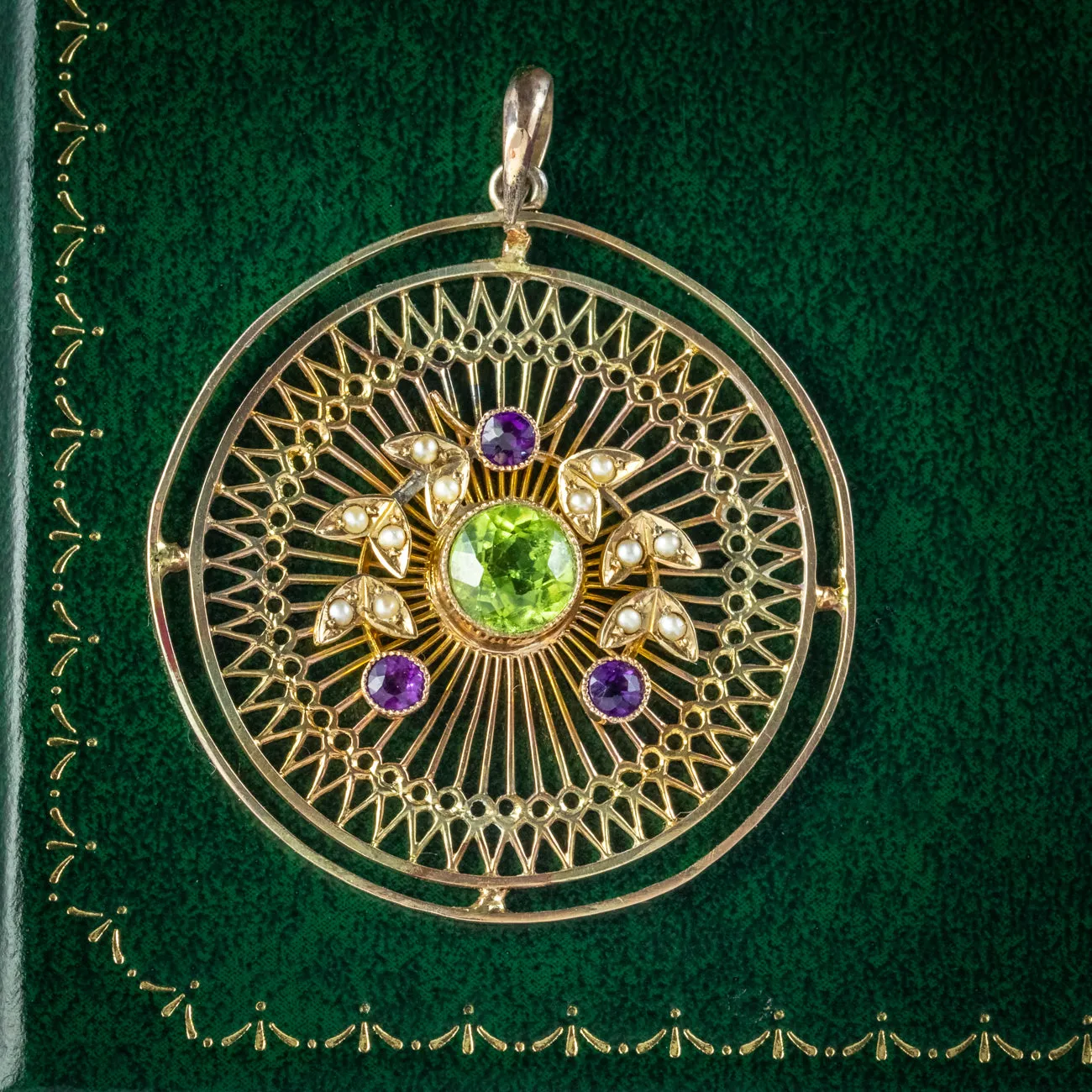 Antique Suffragette Pendant Peridot Pearls Amethyst 9Ct Gold Circa 1910