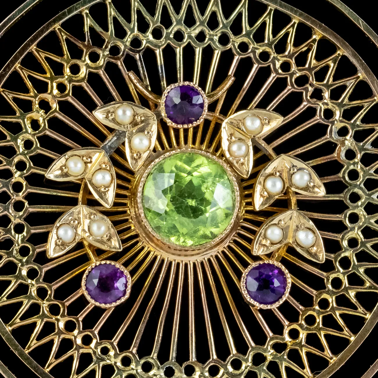 Antique Suffragette Pendant Peridot Pearls Amethyst 9Ct Gold Circa 1910