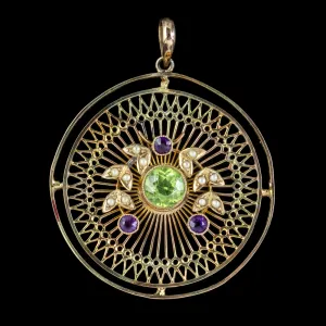 Antique Suffragette Pendant Peridot Pearls Amethyst 9Ct Gold Circa 1910