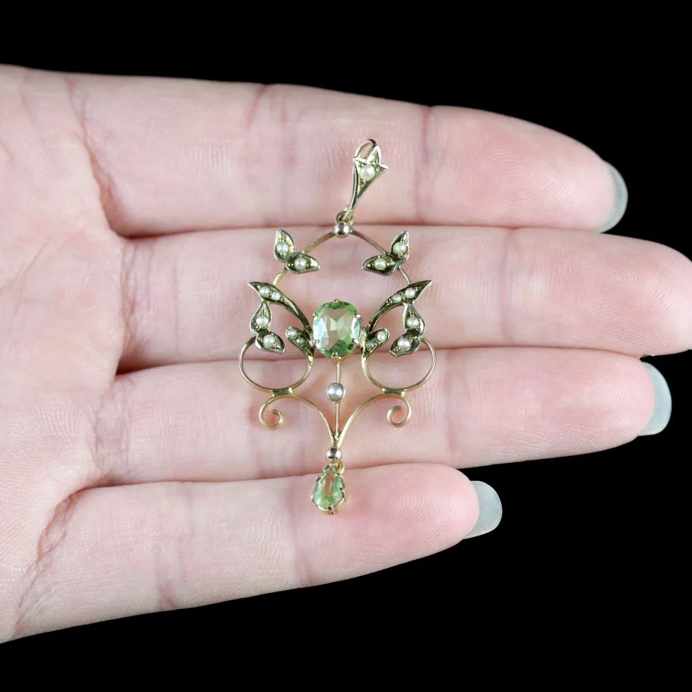 Antique Victorian Peridot Pearl Pendant Circa 1900