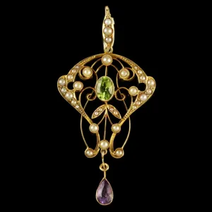 Antique Victorian Suffragette Pendant Circa 1900 Peridot Amethyst Pearl