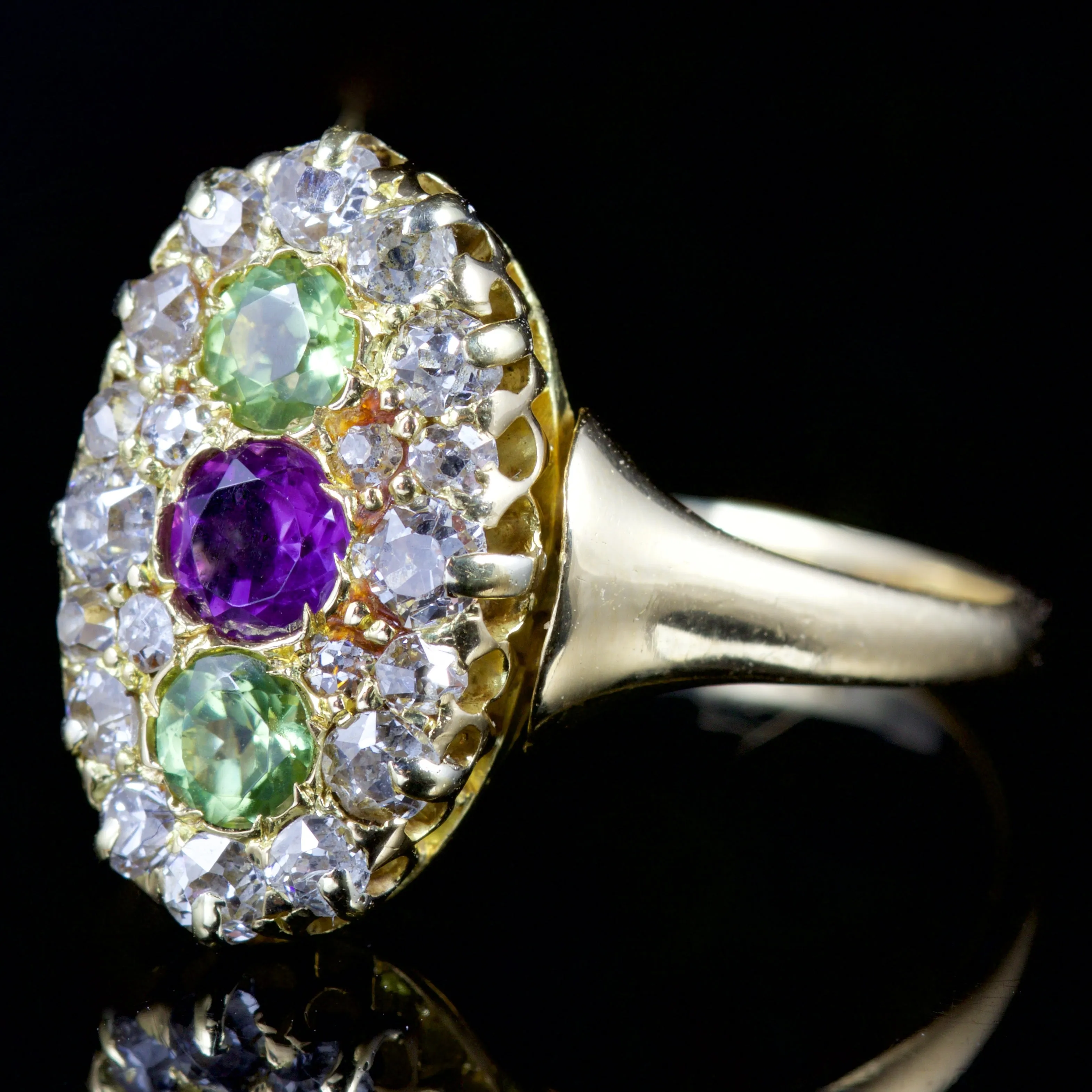 Antique Victorian Suffragette Peridot Amethyst Diamond Ring 18Ct Circa 1900