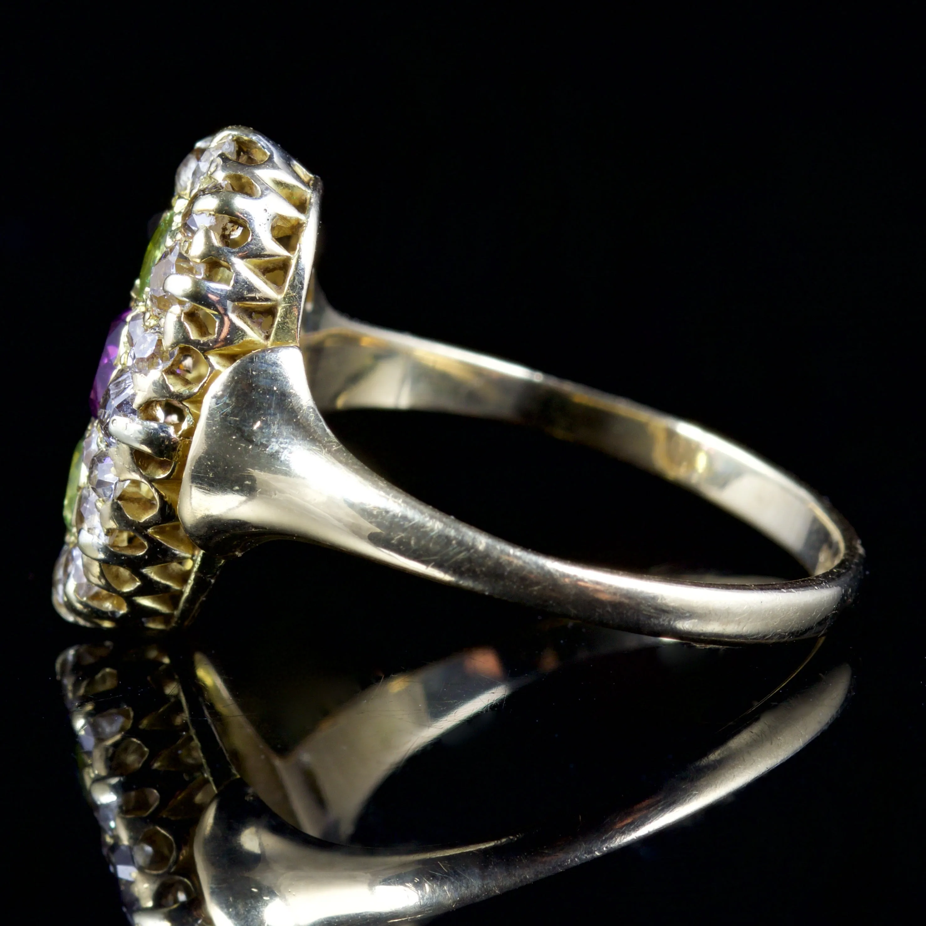 Antique Victorian Suffragette Peridot Amethyst Diamond Ring 18Ct Circa 1900