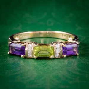 Art Deco Style Suffragette Amethyst Peridot Diamond Ring 9ct Gold