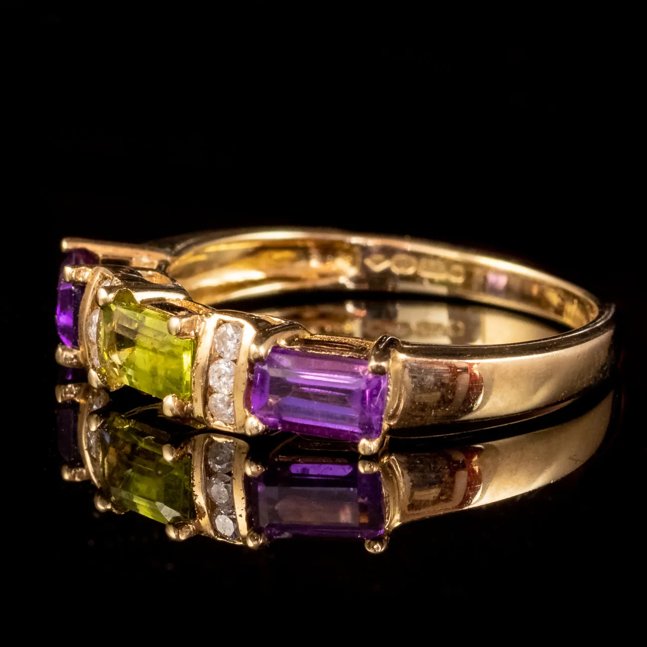 Art Deco Style Suffragette Amethyst Peridot Diamond Ring 9ct Gold