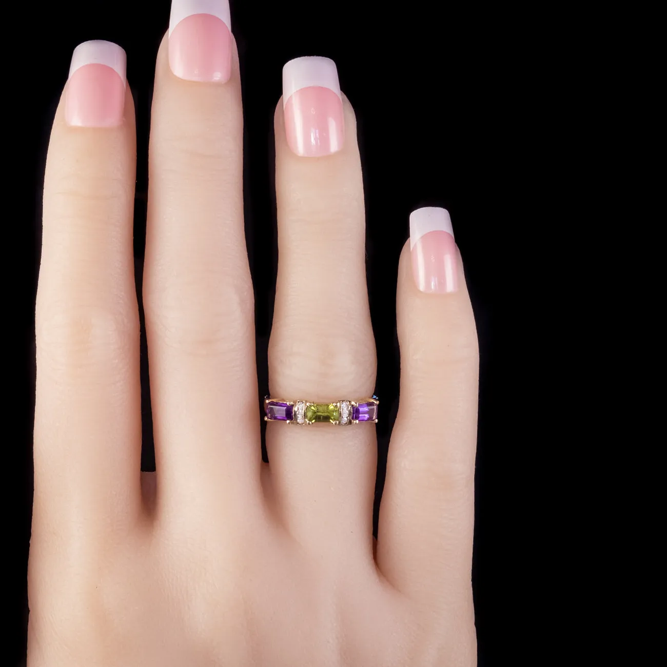 Art Deco Style Suffragette Amethyst Peridot Diamond Ring 9ct Gold