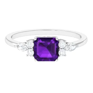 Asscher Cut Amethyst Solitaire Engagement Ring with Diamond Trio