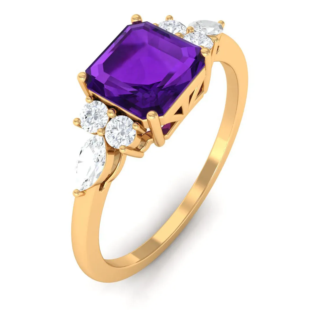 Asscher Cut Amethyst Solitaire Engagement Ring with Diamond Trio