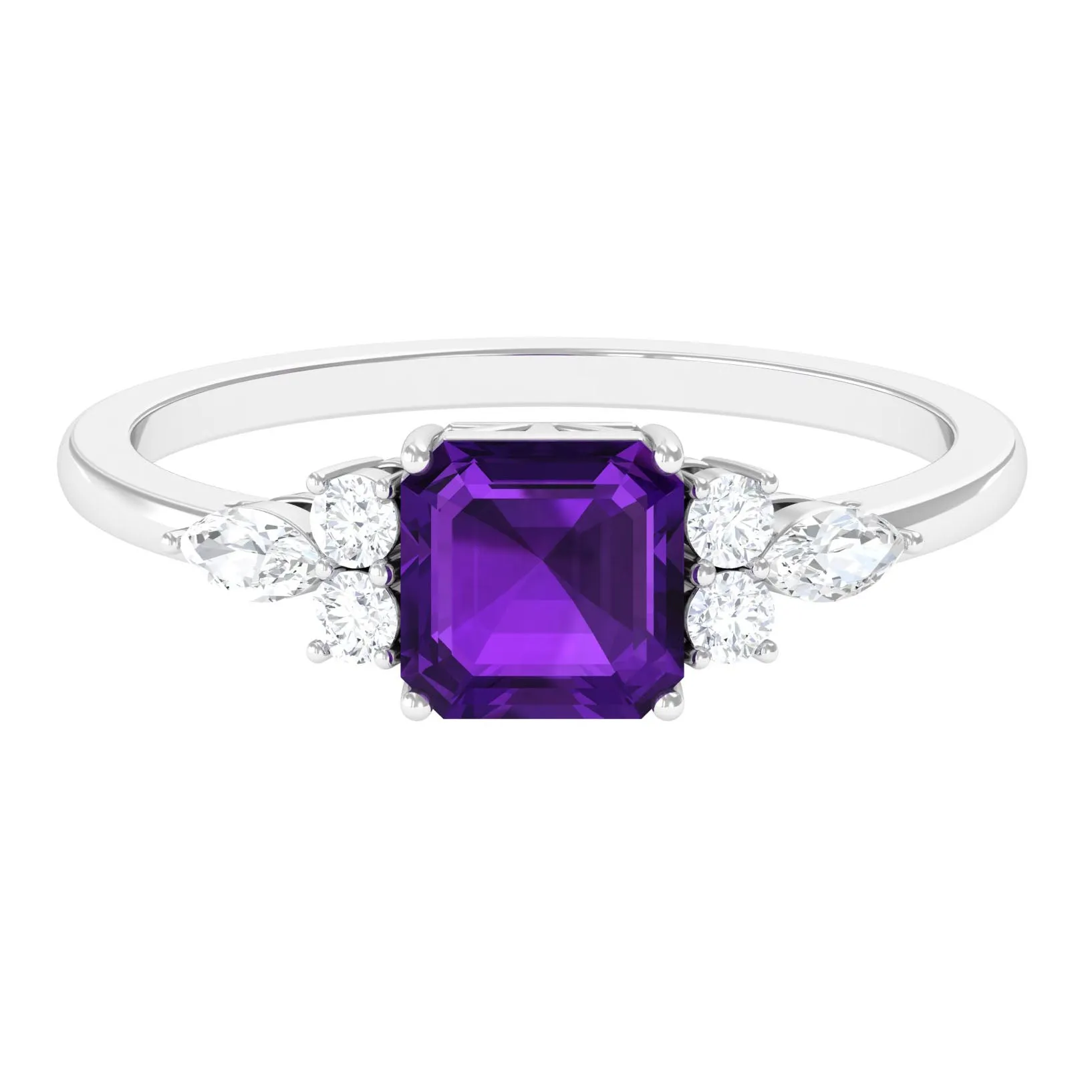 Asscher Cut Amethyst Solitaire Engagement Ring with Diamond Trio