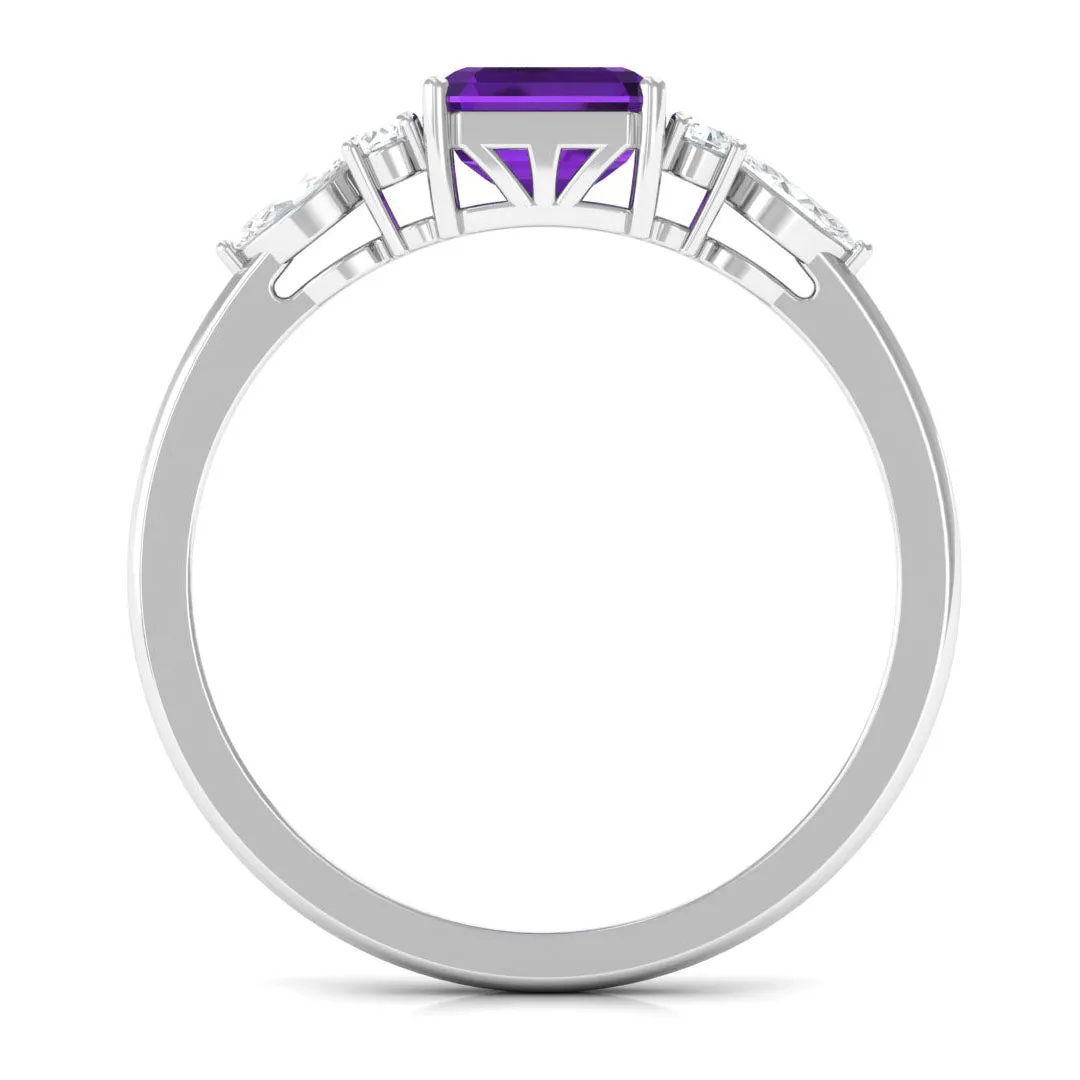 Asscher Cut Amethyst Solitaire Engagement Ring with Diamond Trio