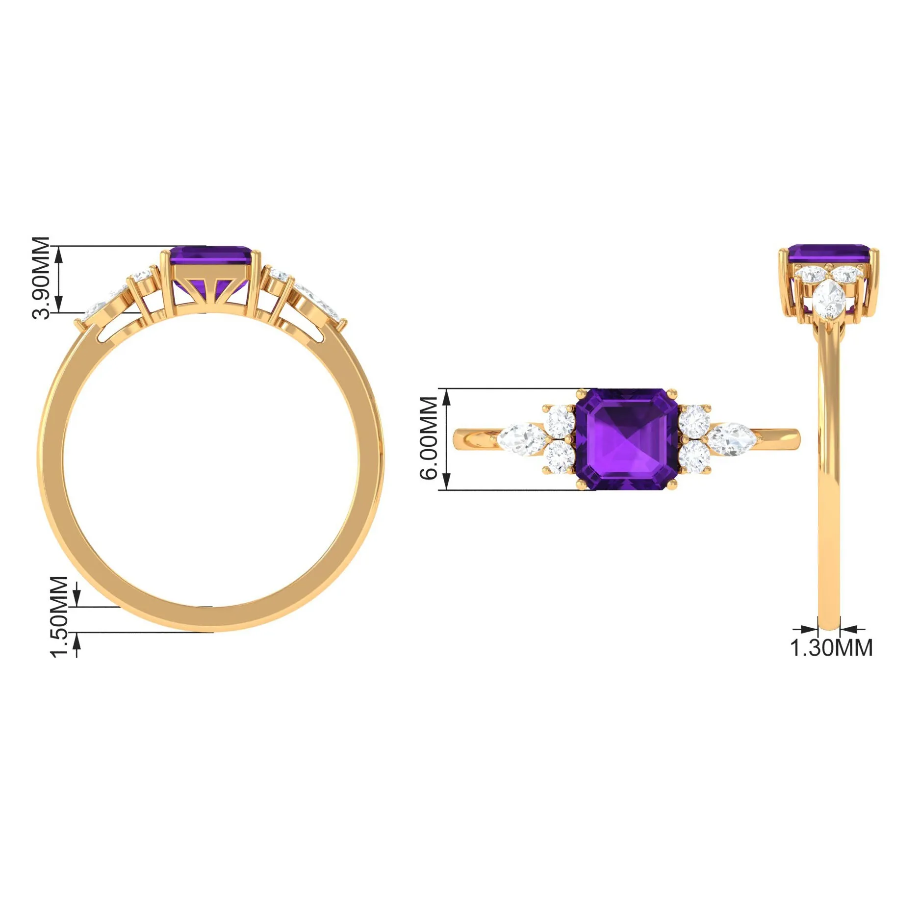 Asscher Cut Amethyst Solitaire Engagement Ring with Diamond Trio