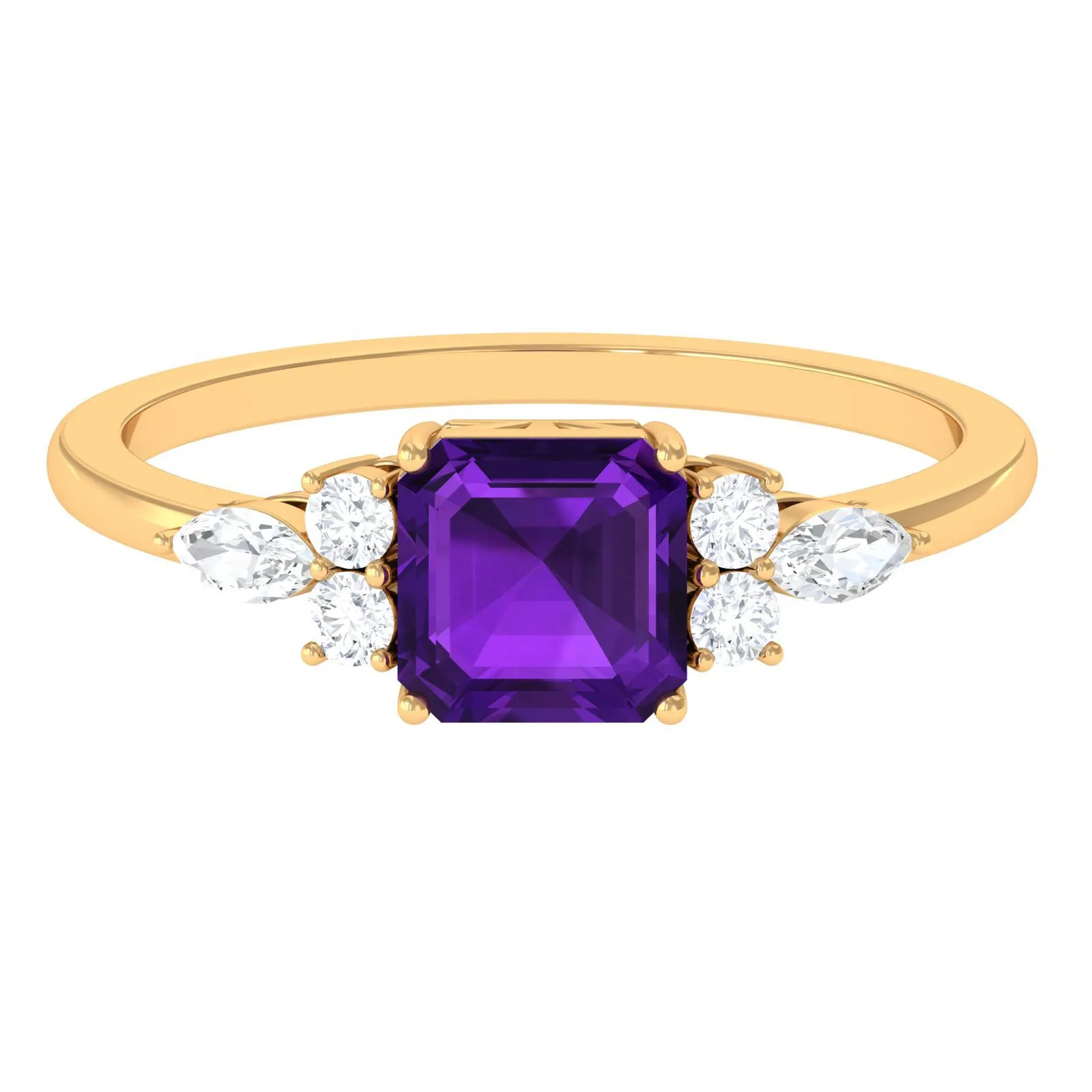 Asscher Cut Amethyst Solitaire Engagement Ring with Diamond Trio