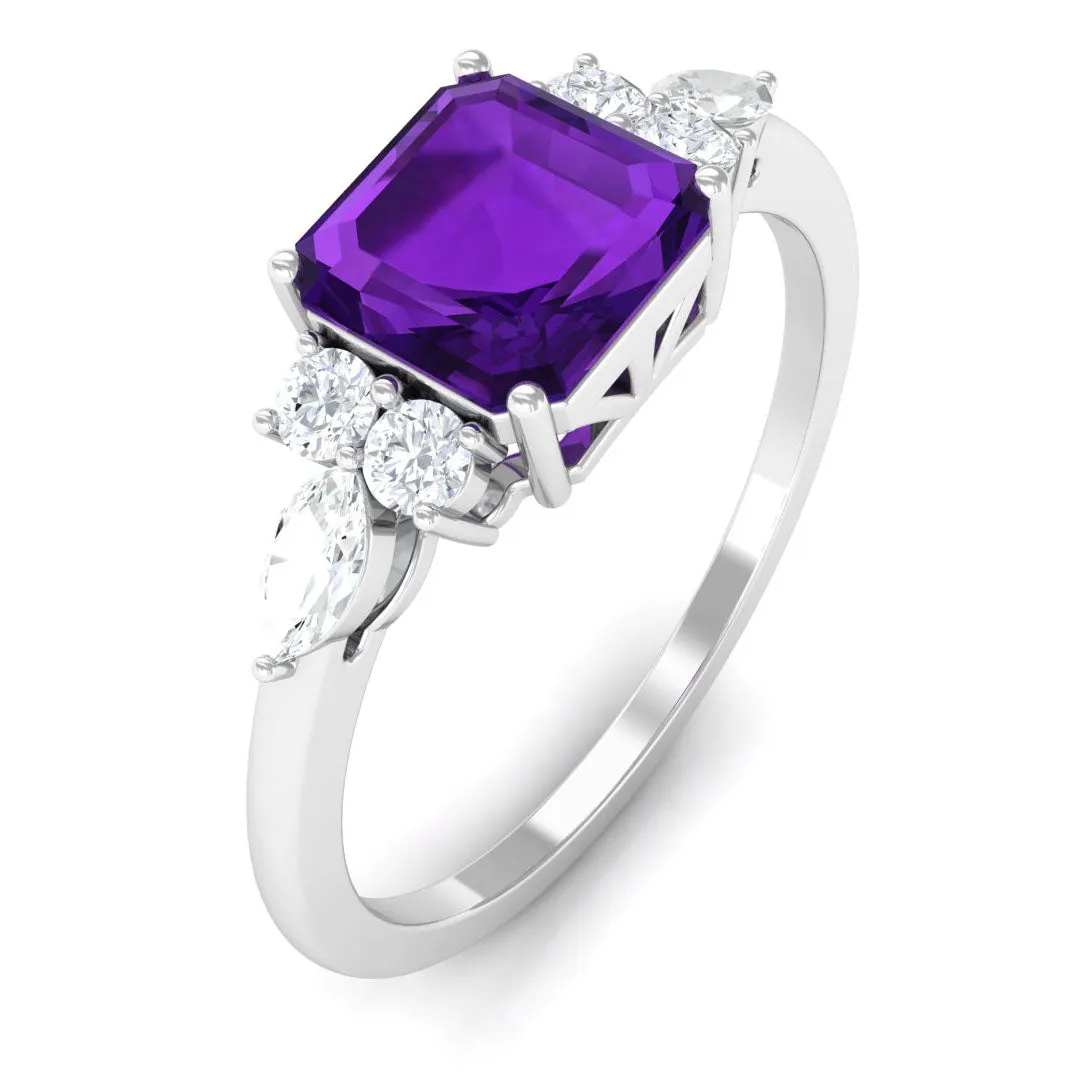 Asscher Cut Amethyst Solitaire Engagement Ring with Diamond Trio