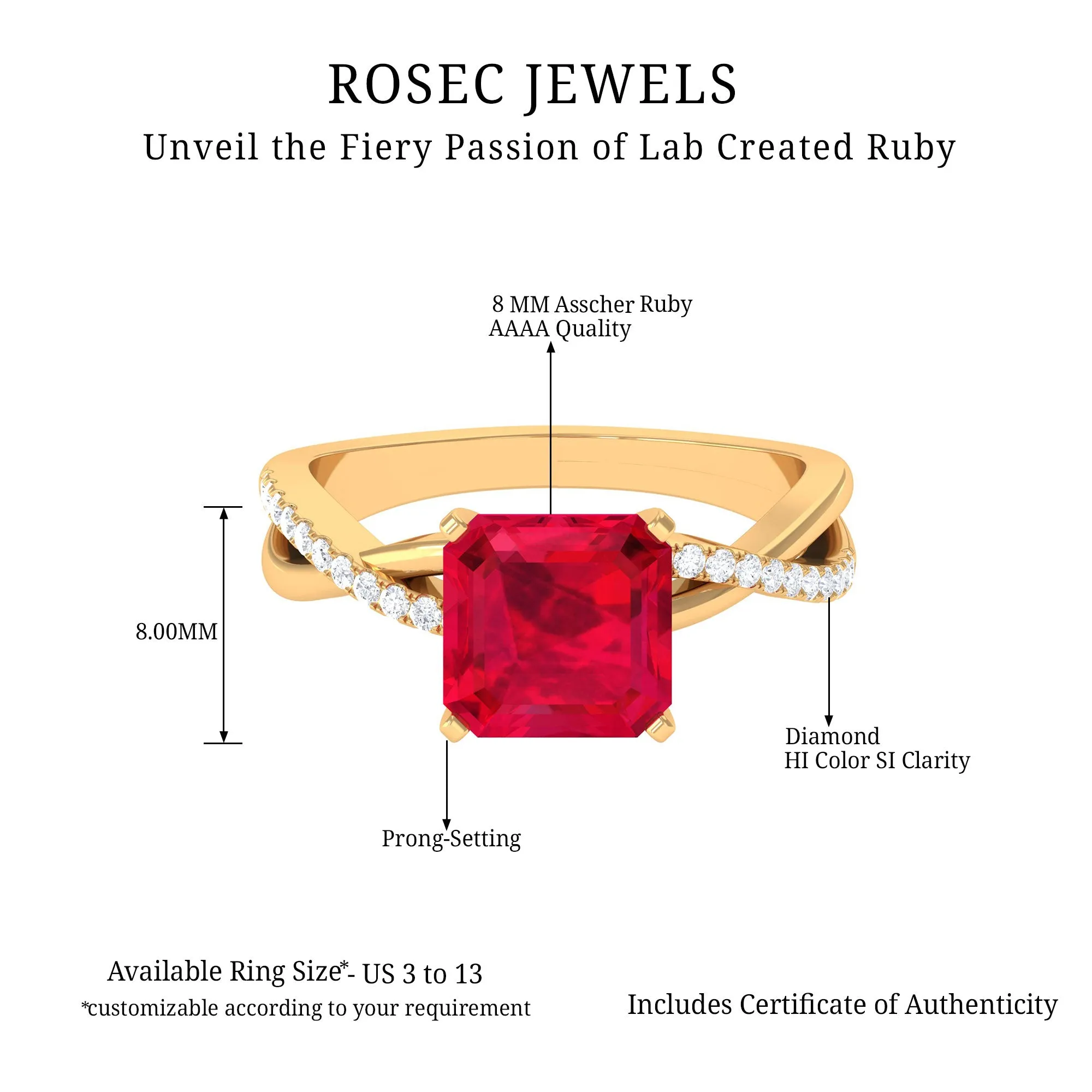 Asscher Cut Lab Grown Ruby Solitaire Ring with Diamond Infinity Shank