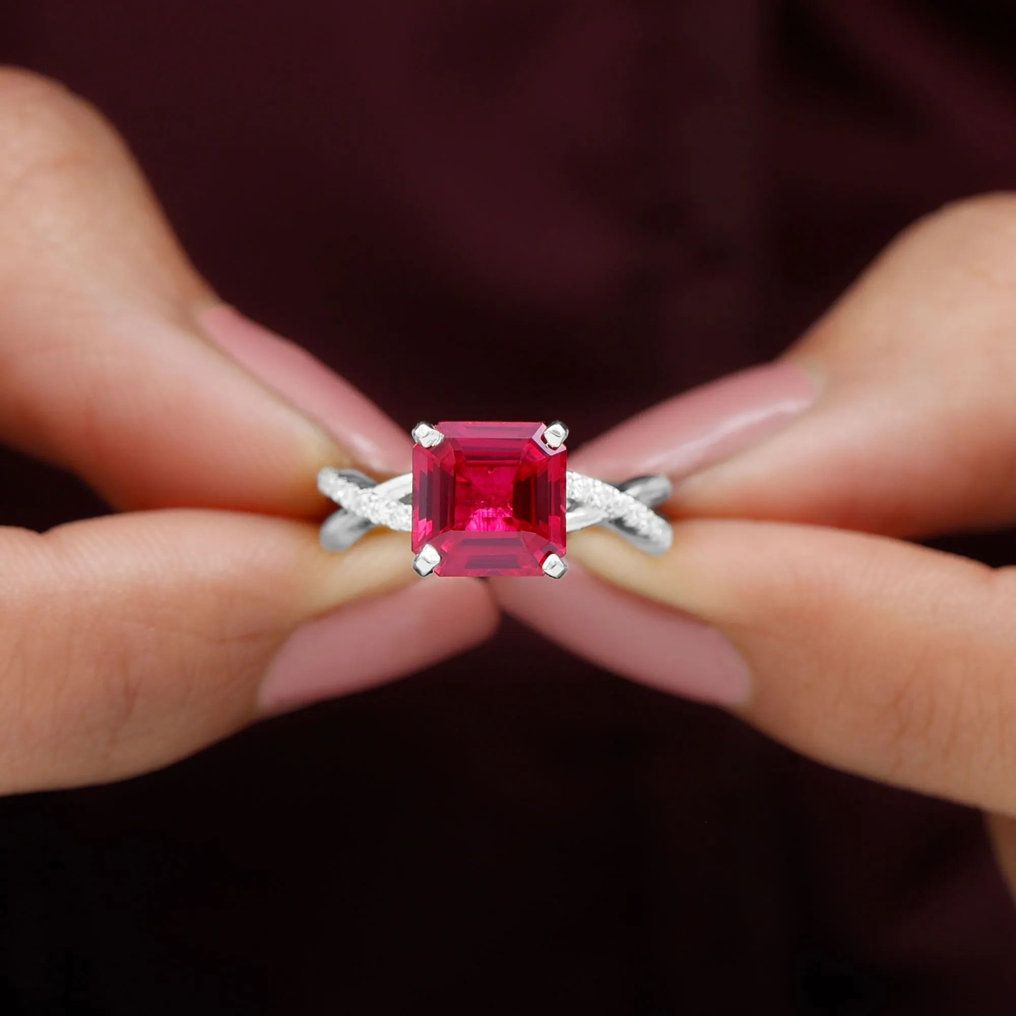 Asscher Cut Lab Grown Ruby Solitaire Ring with Diamond Infinity Shank